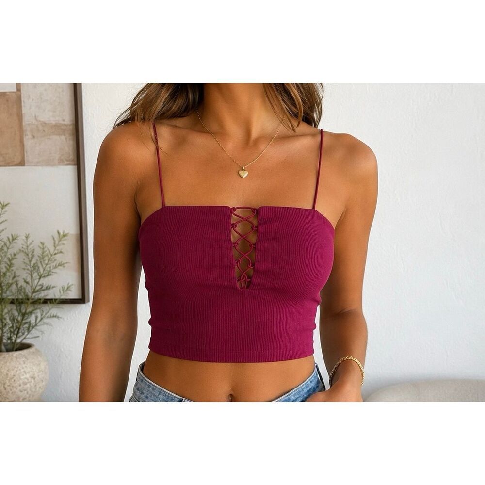 Intimately Free People Ribbed Lace Up Crop Cami Tank Top Size S Berry Y2K